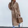 Damen Wollmischungen Retro Langarm Lady Houndstooth Outwear Winter Revers Lässiger lockerer Mantel Herbst Mode Gürtelmantel Jacke Street