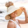 Sombreros de ala ancha con lazo grande para mujer, sombrero de paja enrollable, trenza de papel, protección solar, gorra de playa de verano, visera plegable