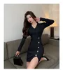 Casual jurken Office Lady Vintage Spring en Autumn V-Neck Slim Single Single Breasted Print Pathwork Solid Color Bodycon Sexy Slit Knit Jurk