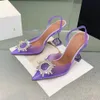 Украшение Atrinestone Slingback Trape обувь PVC Crystal Heel заостренные пальцы на ногах для женской вечеринки вечерние обувь роскошные дизайнерские дизайнерские фабрики с коробкой с коробкой