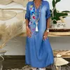 Casual Dresses Summer Denim Dress 2023 Spring Blue V-Neck Half Sleeve Maxi Split Long Vestidos FemmeCasual
