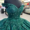 고급 녹색 반짝이는 오프 숄더 Quinceanera Dresses Destidos de 15 anos 생일 아플리케 레이스 볼 볼 가운 코르셋