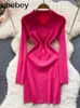 Casual Dresses Women Knitted Pencil Dress Korean Long Sleeve Zipper Elastic Slim Autumn Winter Sexy Bodycon Warm Sweater