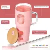 Fashionable 32OZ Glass Water Bottles With Bamboo lid and straw Glass Travel Mugs Tumblers with Handle and Silicone Sleeve