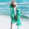 Badkläder kvinnor sommarchiffon semisheer maxi kimono cardigan topp gröna tropiska bananblad tryckt bikini täcker 3/4 ärmar öppna