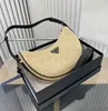 luxury handbag designer crossbody straw knit shoulder bag for women triangle mark leather female fashion bags lady cross body half moon bag