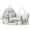 School Bags 5pcs Plaid Backpack Student Bookbags Casual Daypack Handbag Shoulder Drawstring Bag Pencil For CASE Set Girls Women