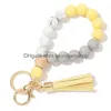 Key Rings Party Favor Keychain Wood Bead Sile kralen met Tassel String Chain Women Girl Ring Polband Drop Delivery Sieraden Dhjlt Dhjlt