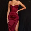 Abiti casual High Side Split Satin Women 2023 Summer Sexy senza maniche Backless Party Outfit Solid Bodycon Black Evening Dress