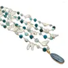 Chaînes YYGEM Naturel Kyanite Pendentif Collier 3 Brins Blanc Keshi Perle Larimar Apatite Wrap Déclaration 17 '' Pour Les Femmes