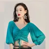 Stage Wear Belly Dance Top Square Collar Rhinestones Pleated Long Sleeve Female Practice Clothing Oriental Performance Shirt