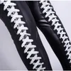 Damen Leggings Herbst Frauen Leggins Lace Up Moto Biker Weibliche Kunstleder Sexy Hohe Taille Elastische Bandage Stretch