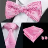 Hi-Tie Fashion Erkek Kravat Pembe Çiçek Bowtie Erkek gelinlik için mendil manşetleri ile dokuma LH-0702 D-0379321K