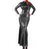 Robes Décontractées Col Roulé Brillant PVC Cuir Sirène Robe Manches Longues Stretch Faux Latex Gothique Midi Ourlet À Volants Bord Clubwear