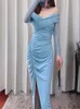 Casual Dresses Women Dress 2023 Spring Autumn Slim Fit Mist Blue V-neck Slit Pleated Long-sleeved Ankle-length