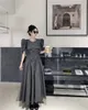 Women Color Block Casual Dresses O-neck Puff Short Sleeve High Waist Retro Ball Gown Vestidos SML