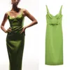 Casual Dresses 2023 Vintage Solid Green Echte Seide Party Langer Rock Damen V-Ausschnitt Korsett Sexy Back Open Satin Weste Kleid Mode Sommer