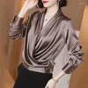 Women's Blouses Blouse 2023 dames shirt zijden tops dames veer vaste kleur losse cross v-neck blusas mouw mujer de moda e280