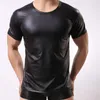 Herren-T-Shirts, starke Herren, sexy Kunstleder, schwarzes T-Shirt, Tops mit kurzen Ärmeln, O-Ausschnitt für männliche Gay Wear-Unterhemden