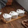 Storage Bottles Ceramic Kitchen Seasoning Pot Kitchenware Set Household Salt Sugar Box Wooden Rack Tank