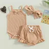 Clothing Sets Baby Girls 3Pcs Summer Outfits Sleeveless Waffle Knit Romper Shorts Headband Set