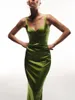 Vestidos casuais 2023 Vintage Solid Green Green Real Silk Party Long Salia Longa Corsário de Gola V Feminina Vestido de Vestido de Cetin