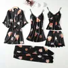 Dames slaapkleding satijn 5 stks kimono gewaad jurk sets voor vrouwen print bloemen zomer dunne lingerie nachtwear v-neck badjrobe comfortabele pyjama's