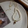 ペンダントネックレスミナールロマンチックな淡水真珠のビーズネックレス女性用レッドラインストーンハートダブルレイヤーウェディングジュエリー
