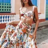 Vestidos de trabalho Mulheres elegantes tampos de embrulho sem mangas sexy e saia longa de duas peças definido para o verão, estampado flora