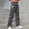 Women's Jeans Womens Pants Hole Denim Button Loose Elastic Pocket High Waist Trousers Women's Size 20 For Women