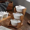 Storage Bottles Ceramic Kitchen Seasoning Pot Kitchenware Set Household Salt Sugar Box Wooden Rack Tank