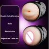 Doppio foro Real Vagina Pocket Pussy Vibrazione Masturbatore maschile Bocca Lingua Succhiare Sesso orale Tazza di masturbazione Giocattolo per uomini T