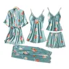 Dames slaapkleding satijn 5 stks kimono gewaad jurk sets voor vrouwen print bloemen zomer dunne lingerie nachtwear v-neck badjrobe comfortabele pyjama's