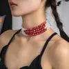 Collar de perlas con diseño de sangre gótica para mujer, Gargantilla ancha con cuentas multicapa, cuello corto, regalo de joyería para fiesta