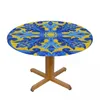 Table Cloth Round Oilproof Portuguese Azulejo Tiles Cover Elastic Fitted Blue Delft Backed Edge Tablecloth For Dining