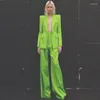 Women's Two Piece Pants Women Formal Pantsuit Suits Blazer Green Office Ladies Business Single Button Wide Leg Female Sets Outfits