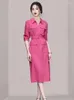 Casual Dresses 2023 Summer Women's Temperament Retro Rose Red Belt Slim Midje Workwear Dress Elegant Sheath Pencil