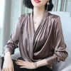 Women's Blouses Blouse 2023 dames shirt zijden tops dames veer vaste kleur losse cross v-neck blusas mouw mujer de moda e280