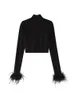 Women's T-Shirt TAOVK Women's Basic Black T-shirts Ladies Turtleneck Crop Tops Fit Skinny Tops Long Sleeve Ostrich Feather Streetwear Outfits 230512