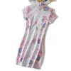 Ethnische Kleidung, Sommer-Cheongsam, junges Mädchen, niedliches Anime-Kirschblüten-Rosa-Kleid im chinesischen Stil