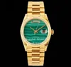 Montre 36 mm Montres en or jaune pour hommes Hommes Automatique Cal.2834 Eta Président Bracelet Heure Jour Date Ra 904L Acier Bijou Malachite Cadran Malachite RAF 118238 Montres-bracelets