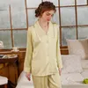 Women's Sleepwear PLUS SIZE 3XL Women Pajamas Set Nightwear Solid Green Long Sleeve 2PCS Shirt&Pant Trouser Suit Casual Satin Home Wear