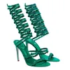 Rene Caovilla Stiletto Heels Sandals الثريا مزينة من صندل الساتان الفاخر المصممون لباس أحذية سيدات سترات راينستون مرصع الصندل 35-42 XXXOOO