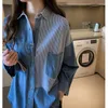 Women's Blouses Spring Autumn BF Denim Shirt Women Long Design Pachwork Striped Loose Camisa Jeans Feminina Jacket