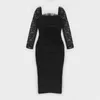 Casual Dresses Elegant Lace Patchwork Women Dress Winter Long Sleeve Slash Neck Bandage Outfits Sexy BodyCon Party Clubwear Vestidos Kvinna