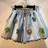 Frauen Shorts Exquisite Strass Perlen Blume Kordelzug Hohe Taille Abnehmen Breite Bein Denim Weibliche Jeans 2023 Sommer Böden