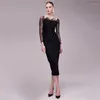 Casual Dresses Elegant Lace Patchwork Women Dress Winter Long Sleeve Slash Neck Bandage Outfits Sexy BodyCon Party Clubwear Vestidos Kvinna