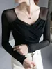 Women's T Shirts Size S-3XL Mesh Women Crossed V Neck Long Sleeve Stretchy Black Tee Lady Spring Tshirt Top