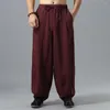 Men's Pants LZJN Flax Long Trousers Elastic Waist With Drawstring Linen Bloomers Traditional Chinese Mens MF-64