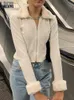 Women's Knits & Tees 2023 Knitted Cardigan Crop Top Ribbed Jumper Women Long Sleeve Zipper Lace Up Sweater Tee Short Feather Collar Tops Kni